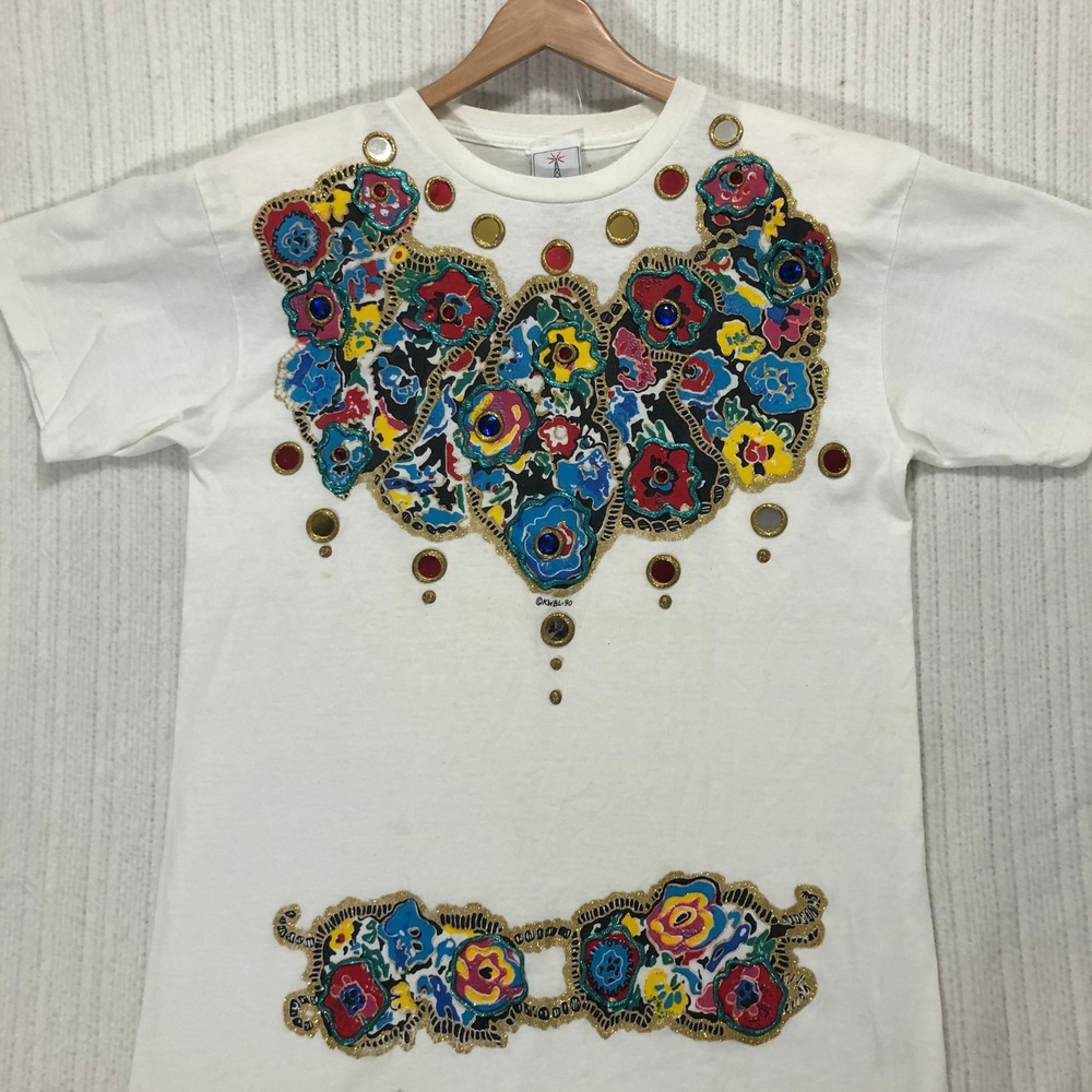 Vintage 90s KWBL Los Angeles Graphic T-Shirt Rhinestone Embellished Size Large